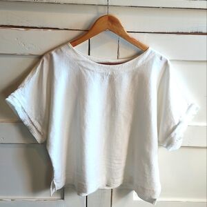 Anne Klein Women's Fringed Short Sleeve White Linen Blend Cropped Top Sz Medium
